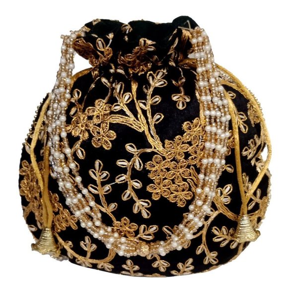 Silk Potli Bag Clutch, Drawstring Purse Intricate Gold Thread & Sequin :o) - Picture 1 of 6